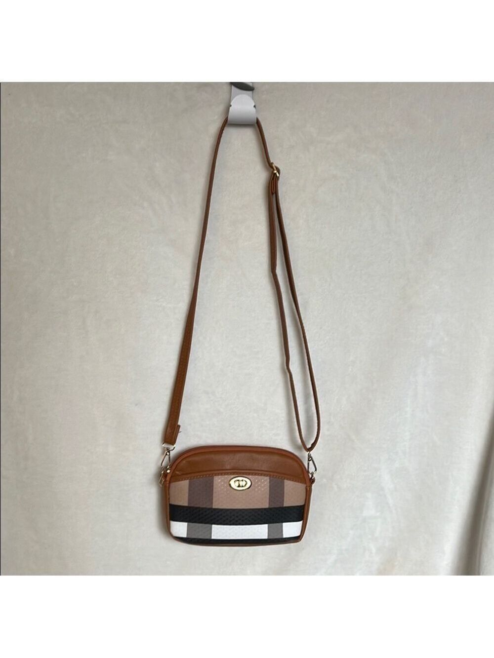 White and Tan Crossbody Bag with Adjustable Strap - Picture 2 of 8